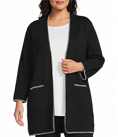 Knit Contrast Stitch Shawl Collar 34 Sleeve Patch Pocket Open Front Cardigan by Multiples