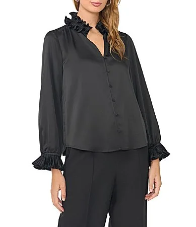 Charmeuse Pleated Ruffle V-Neck Collar Blouse by Vince Camuto