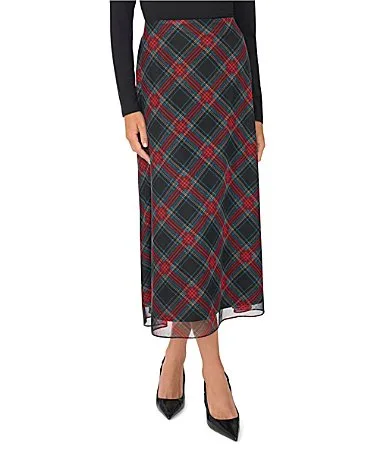 Tartan Plaid Mesh Bias Midi Skirt