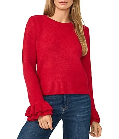 Round Neck Long Ruffle Sleeve Coordinating Sweater by CeCe