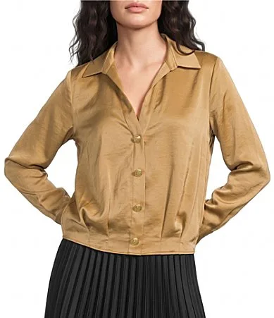 Long Sleeve Y-Neck Button Front Satin Blouse by Investments