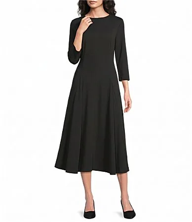 Scuba Crepe 34 Sleeve Boat Neck Fit and Flare Dress