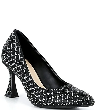 Colbie Rhinestone Trellis Embellished Flared Heel Pumps