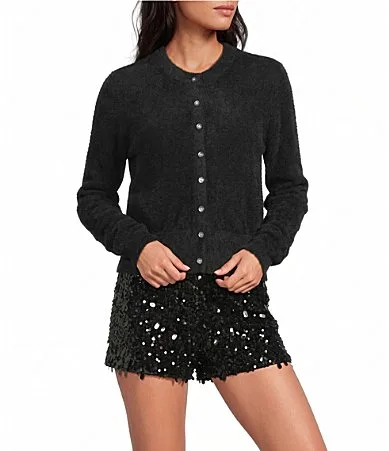 Round Neck Long Sleeve Button Front Fuzzy Knit Cardigan Top