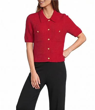 Amina Button Front Short Sleeve Collar Sweater by Antonio Melani