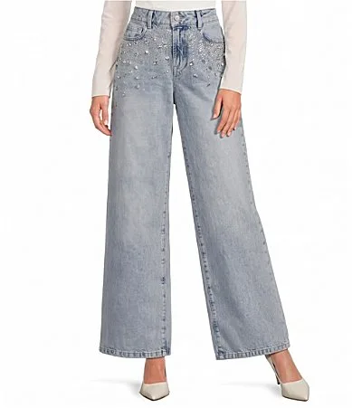 Phoebe Embellished High Rise Wide Leg Denim Jeans