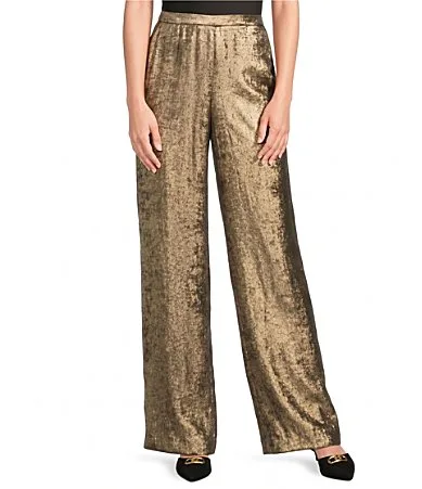 Metallic High Rise Flat Front Elastic Back Novelty Coordinating Pants