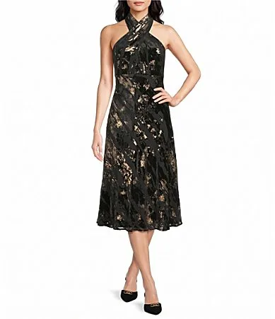 Foil Velvet Burnout Halter Neck Sleeveless Midi Dress