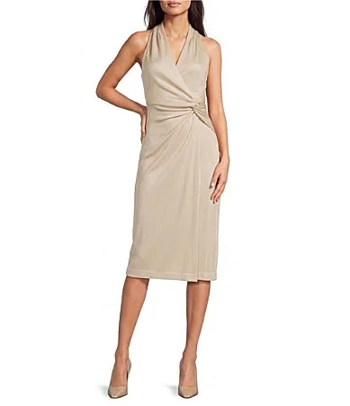 Ruched Twist Front Halter Midi Dress by Donna Karan