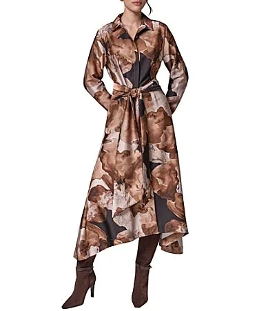 Abstract Floral Motif Print Satin Crepe Point Collar Belted Asymmetrical Hem A-Line Dress by Donna Karan