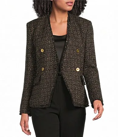 Metallic Tweed Double-Breasted Collarless Jacket