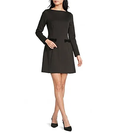 Scuba Boat Neck Long Sleeve Velvet Bow Fit Flare Dress by BCBG
