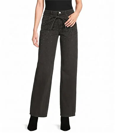 Aria Studded Sequin Tie Waist Straight Leg Jeans by GB