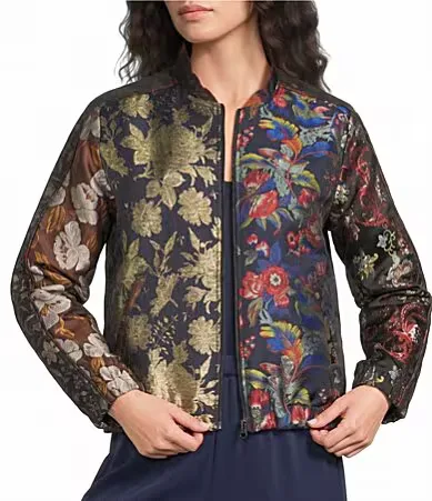 Amandie Mixed Floral Print Jacquard Long Sleeve Zip-Front Bomber Jacket by Johnny Was