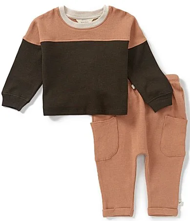 Long Sleeve Color Block Thermal Sweatshirt Solid Thermal Jogger Pants Set by Burts Bees