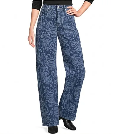 Denim Tonal Paisley Print High Rise Barrel Leg Full Length Jeans by Bayeas