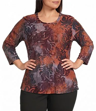Burnout Jacquard Tie Dye Knit Crew Neck 3/4 Sleeve Top by Calessa