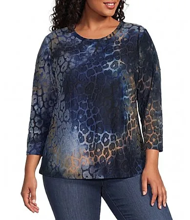 Animal Burnout Tie Dye Knit Scoop Neck 3/4 Sleeve Top by Calessa
