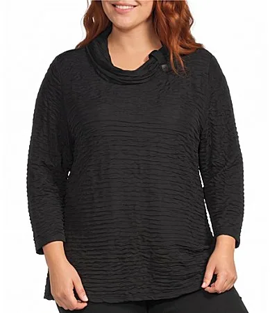 Textured Knit Cowl Neck 3/4 Sleeve Top by Calessa