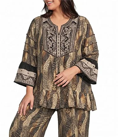 Animal Print Embroidered Bib Split V-Neck 3/4 Bell Sleeve Coordinating Tunic