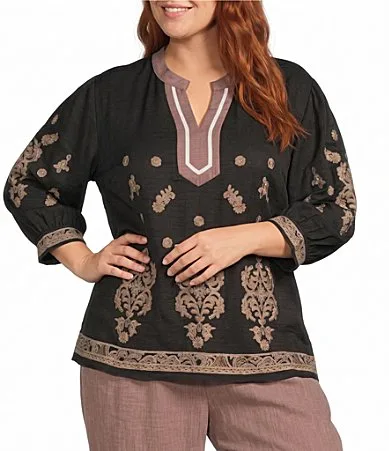 Contrast Bib Stand Collar 3/4 Puff Sleeves Embroidered Tunic