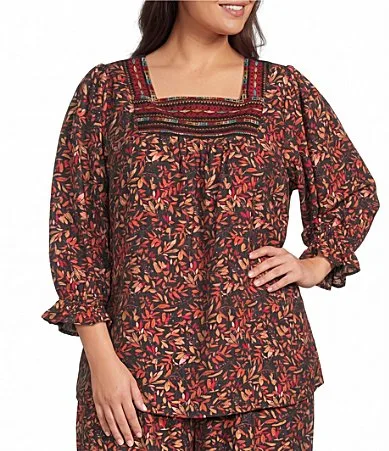 Leaf Print Embroidered Square Neck Elbow Sleeve Coordinating Tunic by Calessa