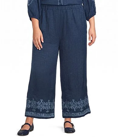 Wide Leg Embroidered Border Hem Pull-On Cropped Coordinating Pants