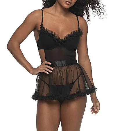 Veil Ruffle Sleeveless Babydoll Matching G-String by Cassandra