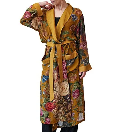 Rhodoleia Gold Floral Print Long Sleeve Knit Long Robe by One Hundred Stars