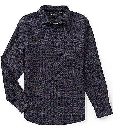 Long Sleeve Decorative Floral Woven Poplin Shirt by Perry Ellis