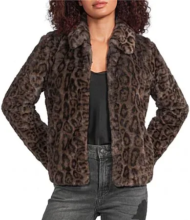 Faux Fur Leopard Wide Notch Lapel Long Sleeve Cropped Coat