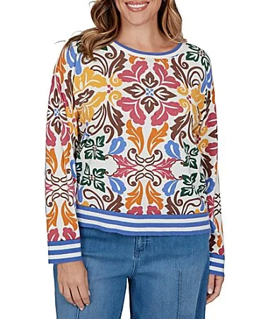 Lightweight Knit Bold Floral Striped Trim Boat Neck Long Sleeve Sweater by Ruby Rd