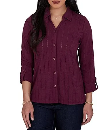 Textured Dobby Vertical Stripe Point Collar Long Roll-Tab Sleeve Button-Front Shirt by Ruby Rd