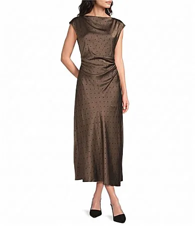 Drape Neck Cap Sleeve Ruched Dotted Satin Midi Dress by Sam Edelman
