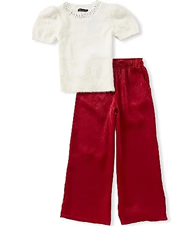 Short Sleeve Beaded Neckline Sweater Butter Satin Pants Set by Xtraordinary