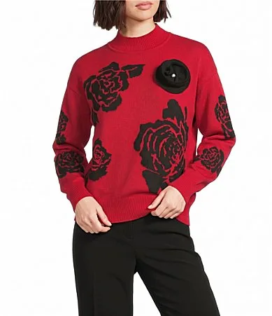 Rose Print Mock Neck Long Sleeves Knit Sweater