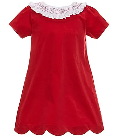Velvet Smocked Collar Scallop Hem Dress by Edgehill Collection