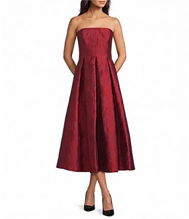 Strapless Brocade Pleated Fit Flare Dress