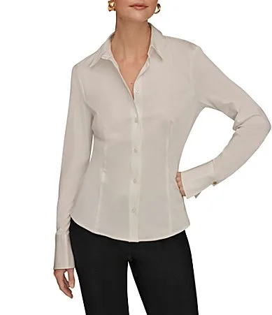 Cotton Stretch Sateen Button Front Shirt by Donna Karan