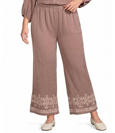 Calessa Wide Leg Embroidered Border Hem Pull-On Coordinating Cropped Pants