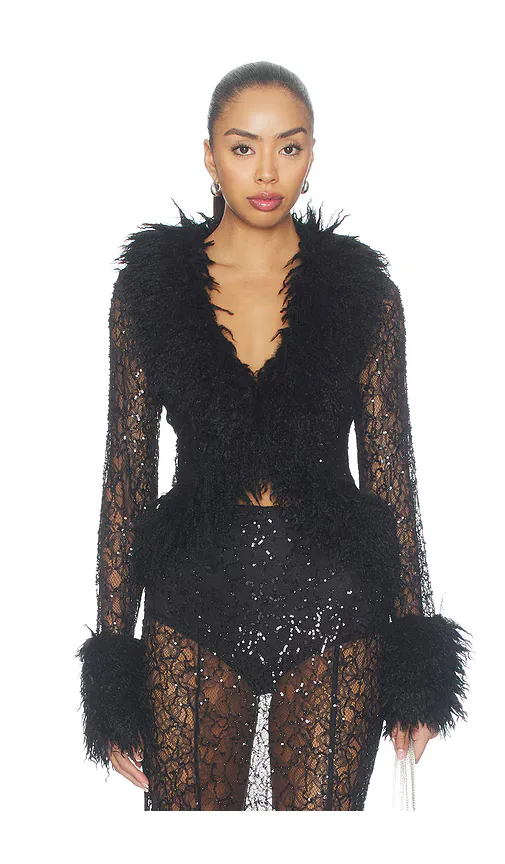 Simone Beaded Lace Fur Trim Cardigan by Afrm