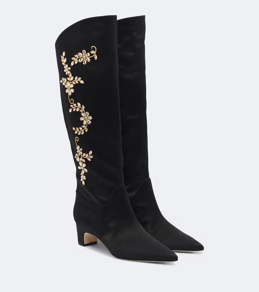 Dispasa Embellished Satin Knee-High Boots by Manolo Blahnik