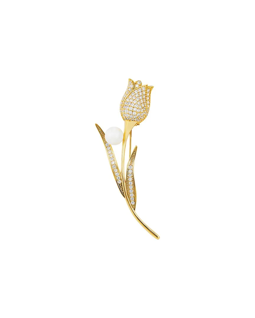 Plated 7.5Mm Pearl Cz Pin Brooch