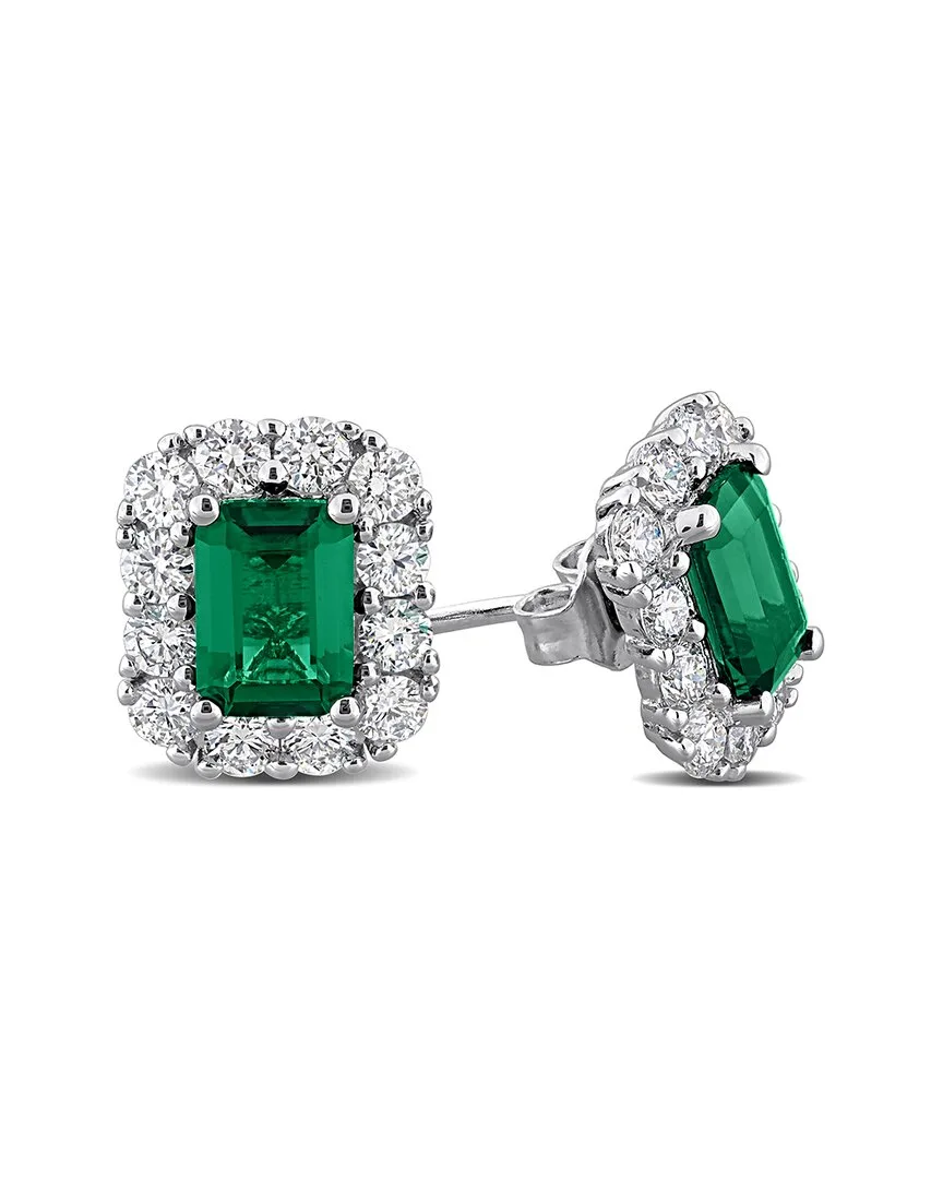 3.12 ct. tw. Lab-Grown Diamond & Lab-Grown Created Emerald Silver Earrings
