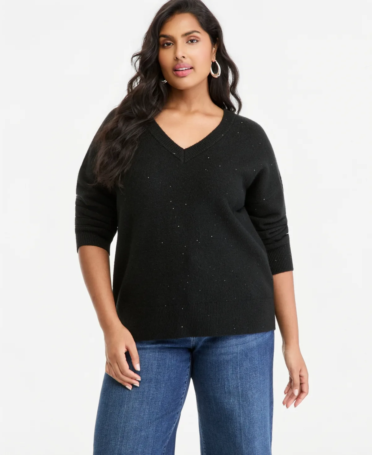 Sequin V-Neck Long-Sleeve Sweater by INC International Concepts