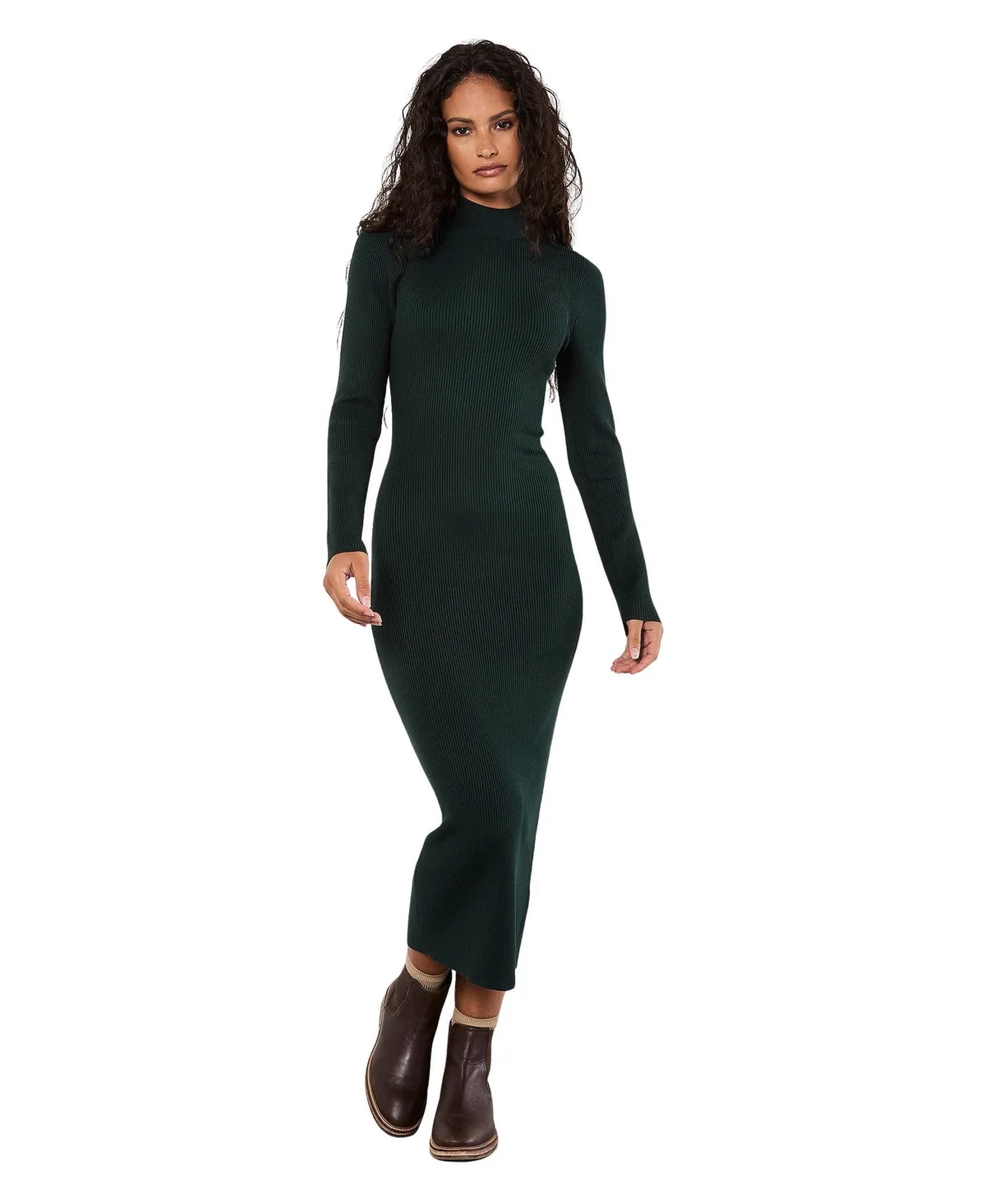 Long-Sleeve Ribbed-Knit Mock-Neck Midi Dress by Apricot