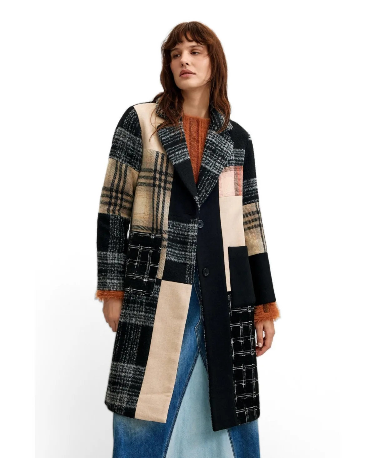 Wool Coat Checked Patch