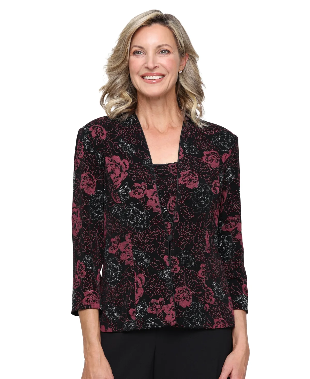 Scoop Neck 3/4-Sleeve Floral-Print 2-Piece Jacket and Camisole by Alex Evenings