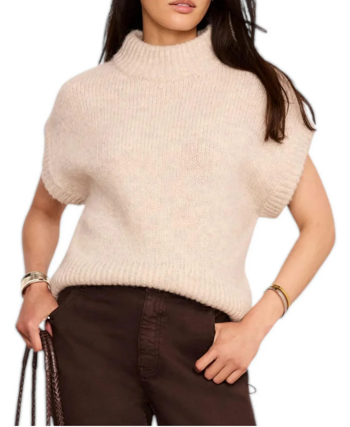 High-Neck Wool-Blend Cap-Sleeve Sweater by Mint Velvet