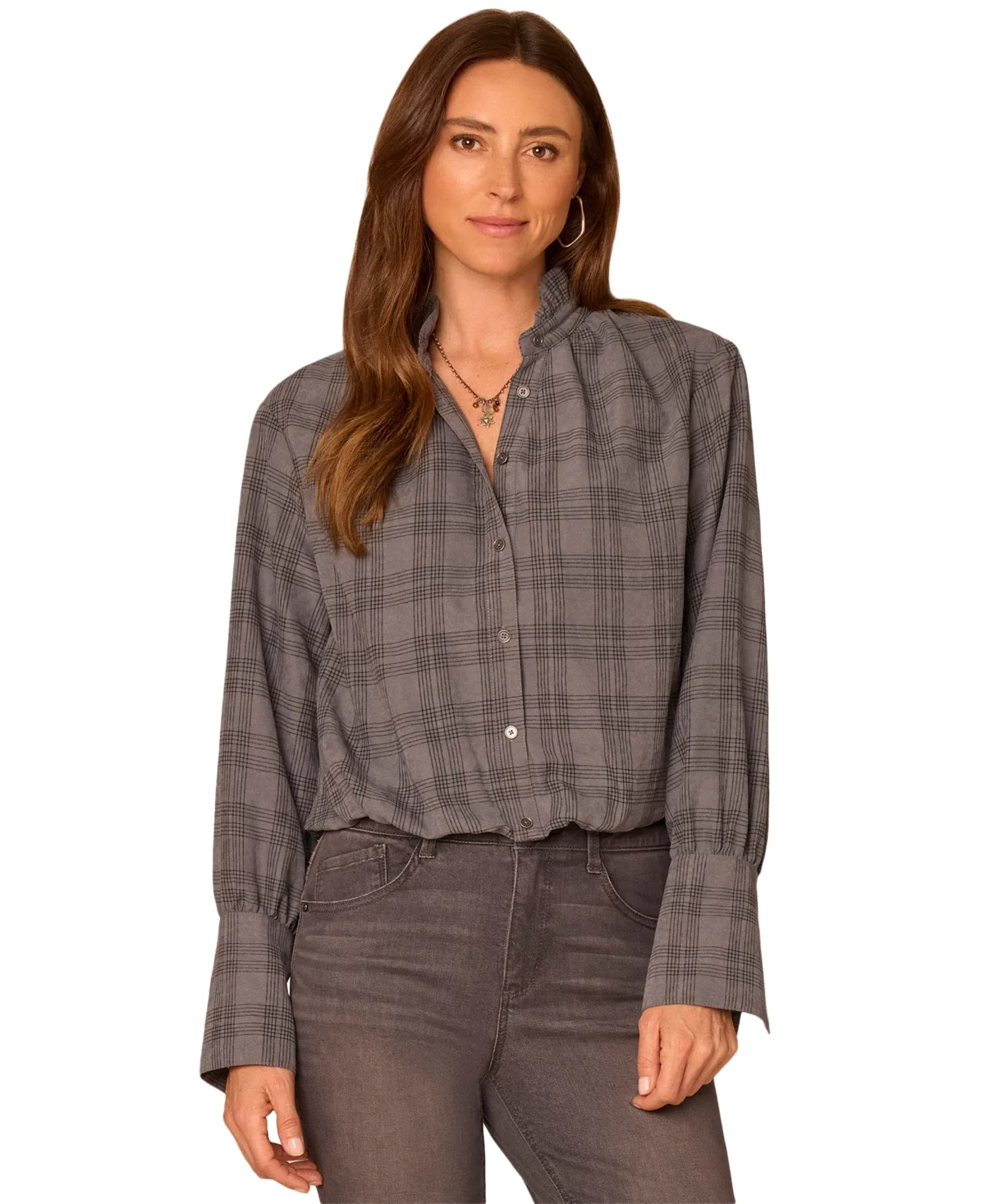 French-Cuff Ruffle-Neck Plaid Blouse